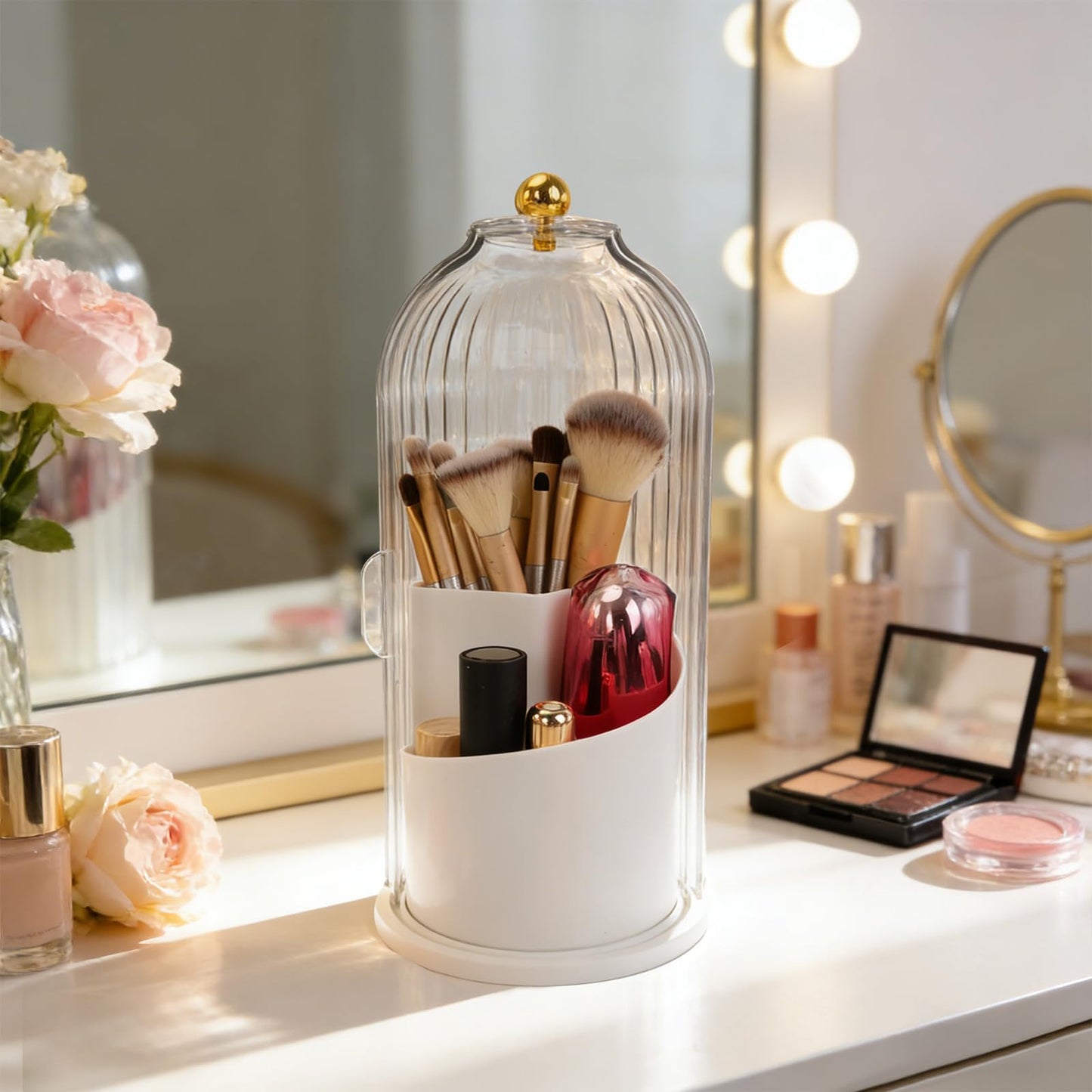 Zoyiancy Makeup Brush Holder with Lid, 360 Rotating Waterproof Dustproof Beauty Brushes Storage, Skincare Cosmetic Tools Storage Organizer for Vanity Desktop Bathroom Countertop（Transparent）