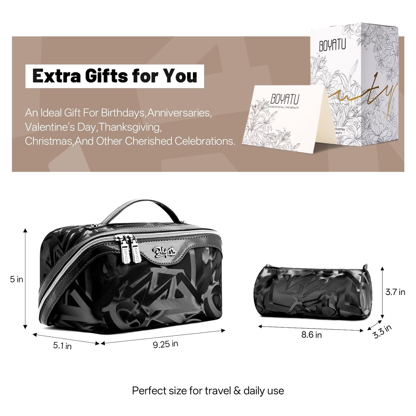 BOYATU Travel Makeup Bag for Women: Y2K Aesthetic Personalized Glossy 3 Pcs Set Cosmetic Organizer Bag - Trendy Statement Toiletry Pouches for Forward Women - Stand Out at Festivals & Trips(D-2-Black)