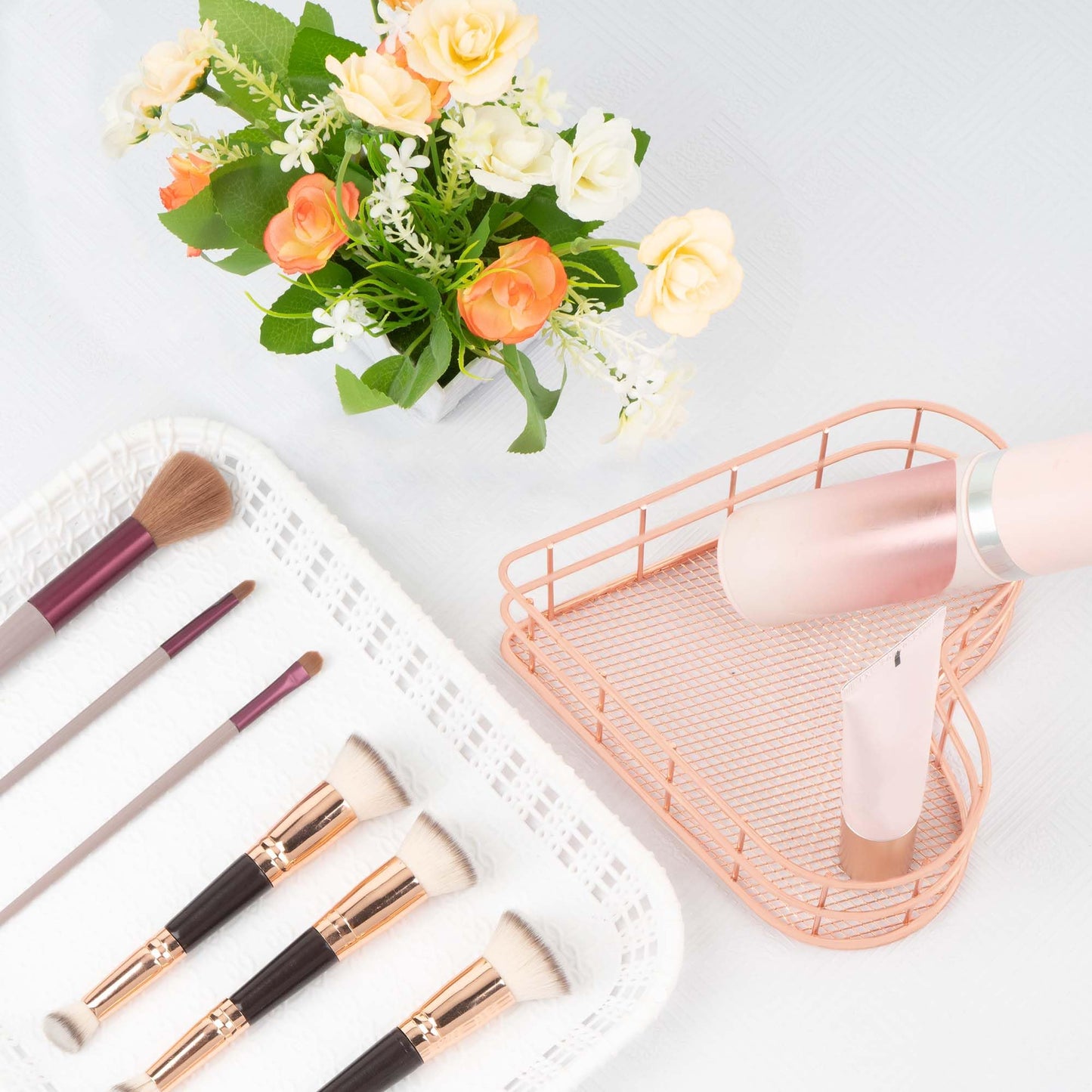 SHIDOW Heart-Shaped Mesh Basket Rose Gold Plated Makeup Desk Holder 1-Pack