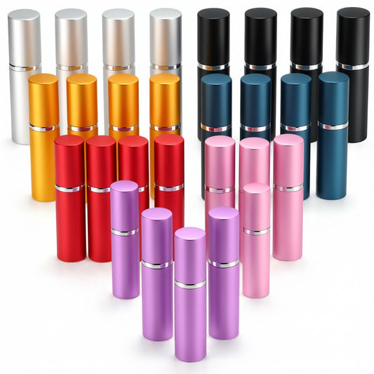 kenaeooe 28 Pcs 10ml Refillable Perfume Atomizer Bottles, Travel-Size Perfume Travel Refillable Sprayers with Pump in 7 Colors (Blue, Black, Gold, Silver, Pink, Purple, Red)