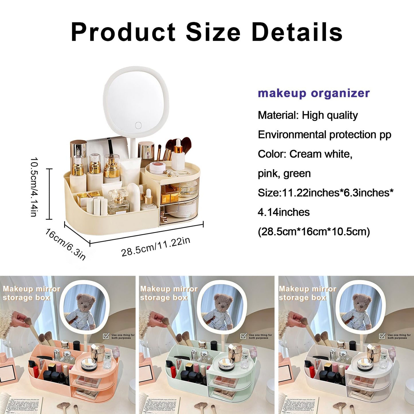DASITON Makeup Organizer with Rechargeable Mirror,Makeup Brush Holder with 2 Drawers,Skincare and Cosmetics Organizer Countertop,Large Capacity Cosmetic Display Case for Vanity,Bedroom,Bathroom(Cream)