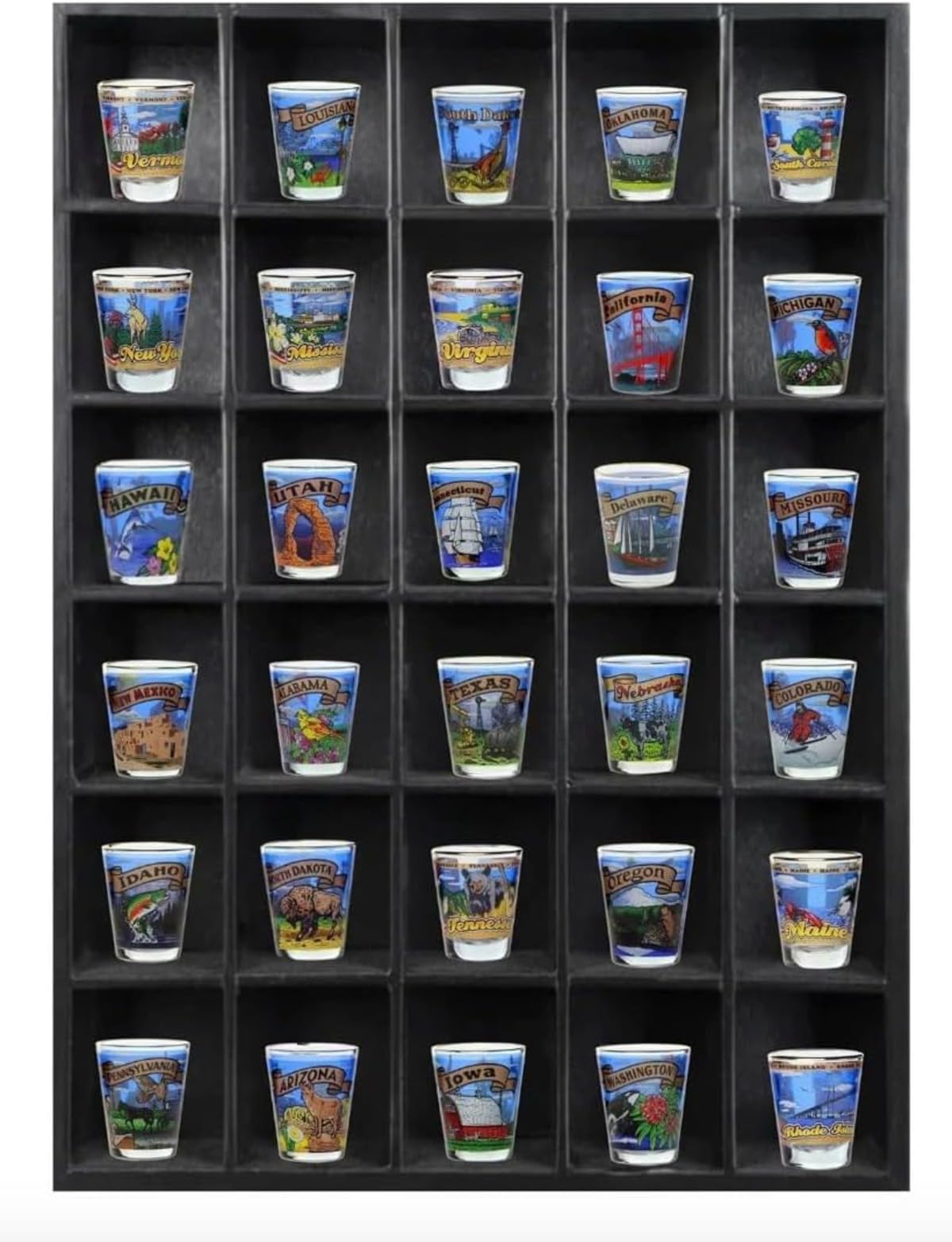 Tasse Verre 30 Shot Glass Shelf Display Case (1-Pack) - Large Wooden Collectibles Rack - Wall Mounted Black Bar Shadow Box Minifigure Storage, 16.7x12.2”