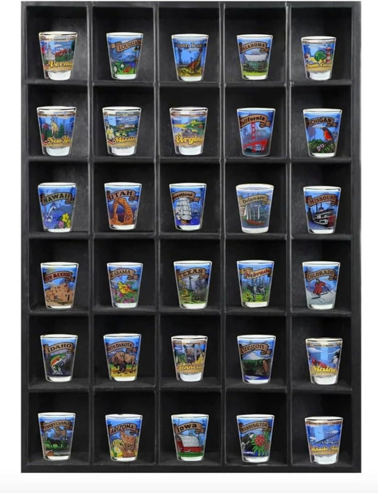 Tasse Verre 30 Shot Glass Shelf Display Case (1-Pack) - Large Wooden Collectibles Rack - Wall Mounted Black Bar Shadow Box Minifigure Storage, 16.7x12.2”