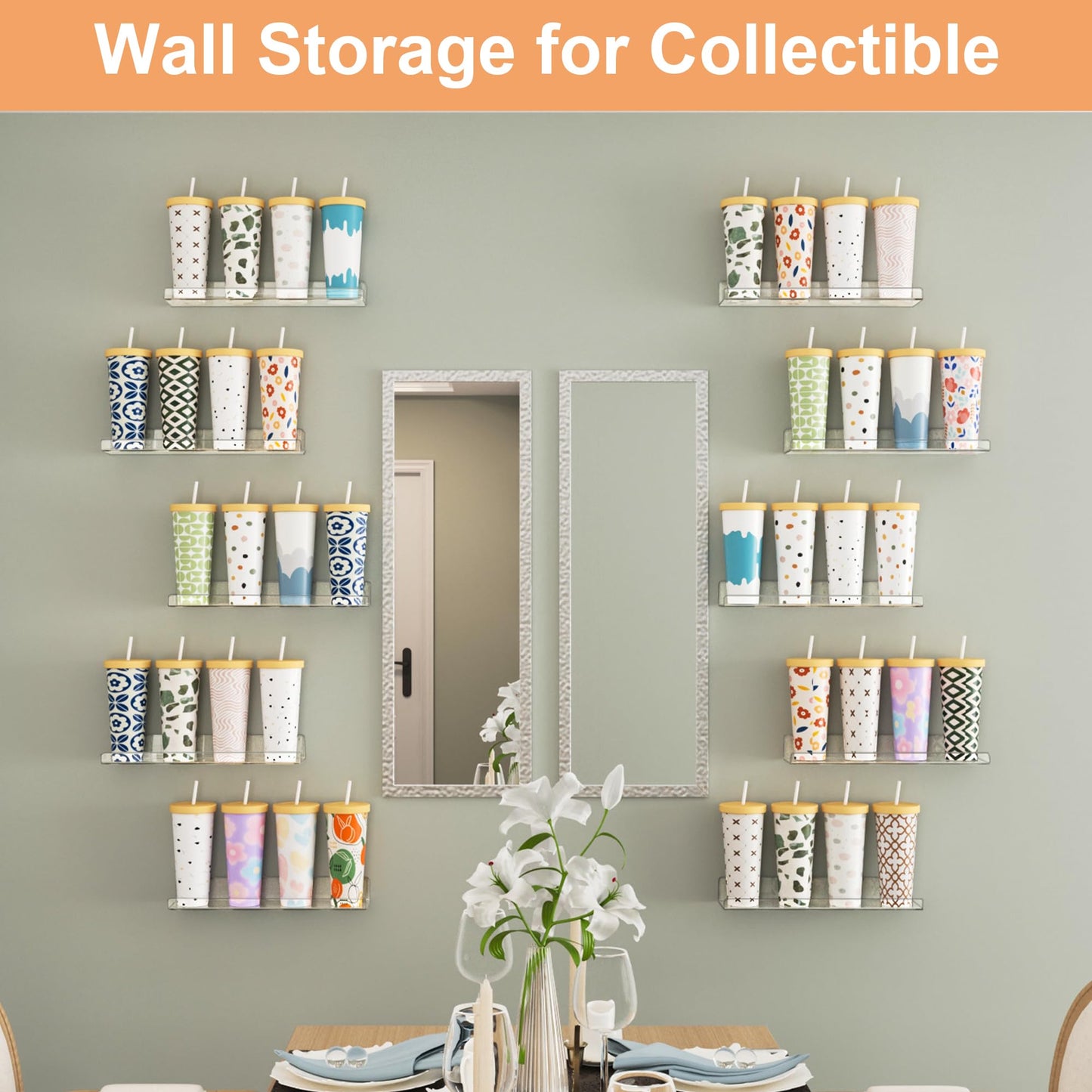 upsimples 14 Pack Acrylic Shelves Wall Organizer and Storage, 15" Display Shelf for Figure, Toy Cars, Perfume, Kids Bookshelf for Bedroom, Nursery, Craft Room, Clear
