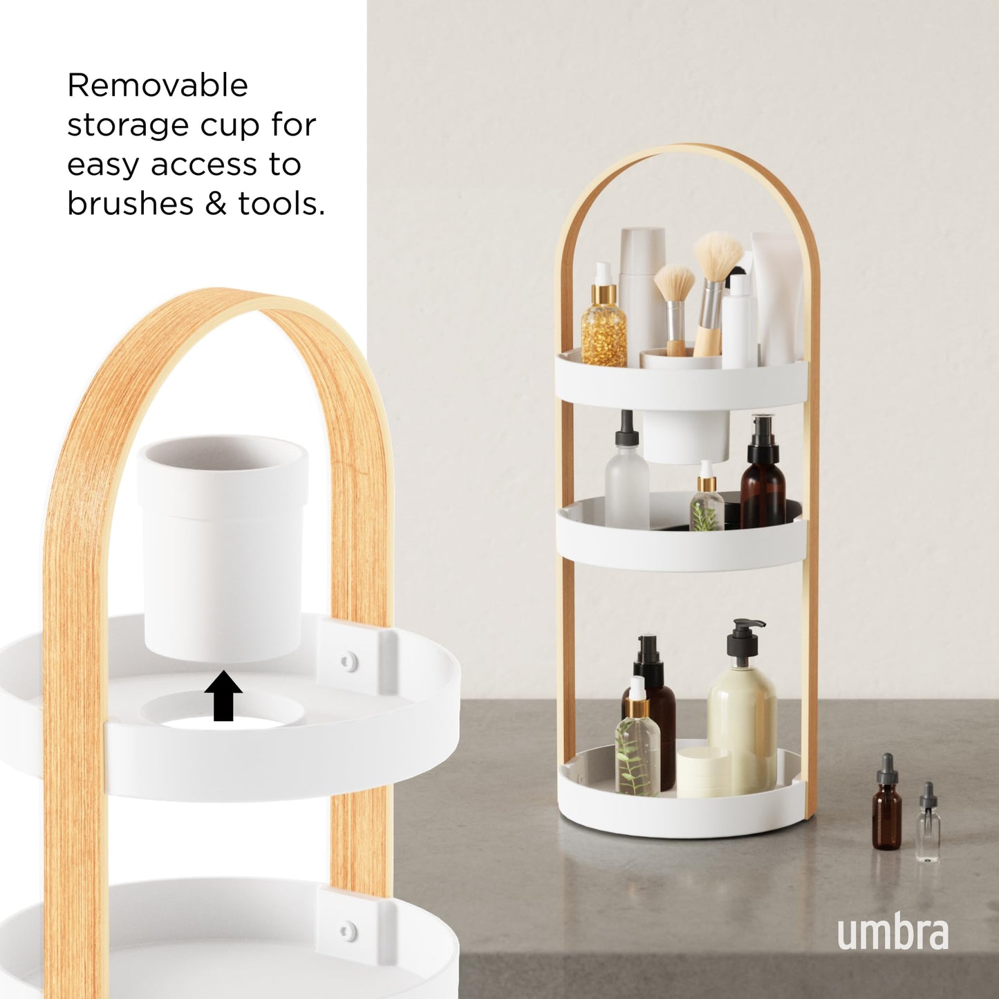 Umbra Bellwood Caddy, Organizer for Makeup and Cosmetics, Durable Rotating Container with Wooden Handle, Large, White/Natural