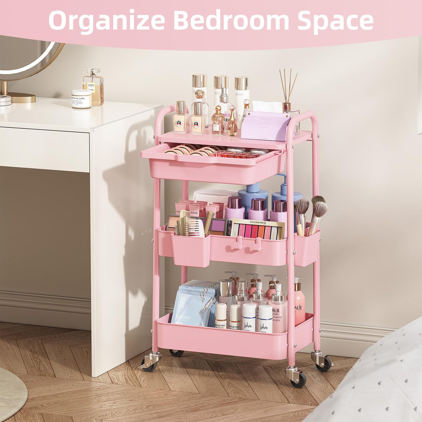 3 Tier Metal Rolling Utility Cart with Drawer & Lockable Wheels - Heavy Duty Multifunctional Storage Organizer with 2 Cups and 4 Hooks for Bathroom, Kitchen, Snack, Craft, Makeup, Baby Essentials