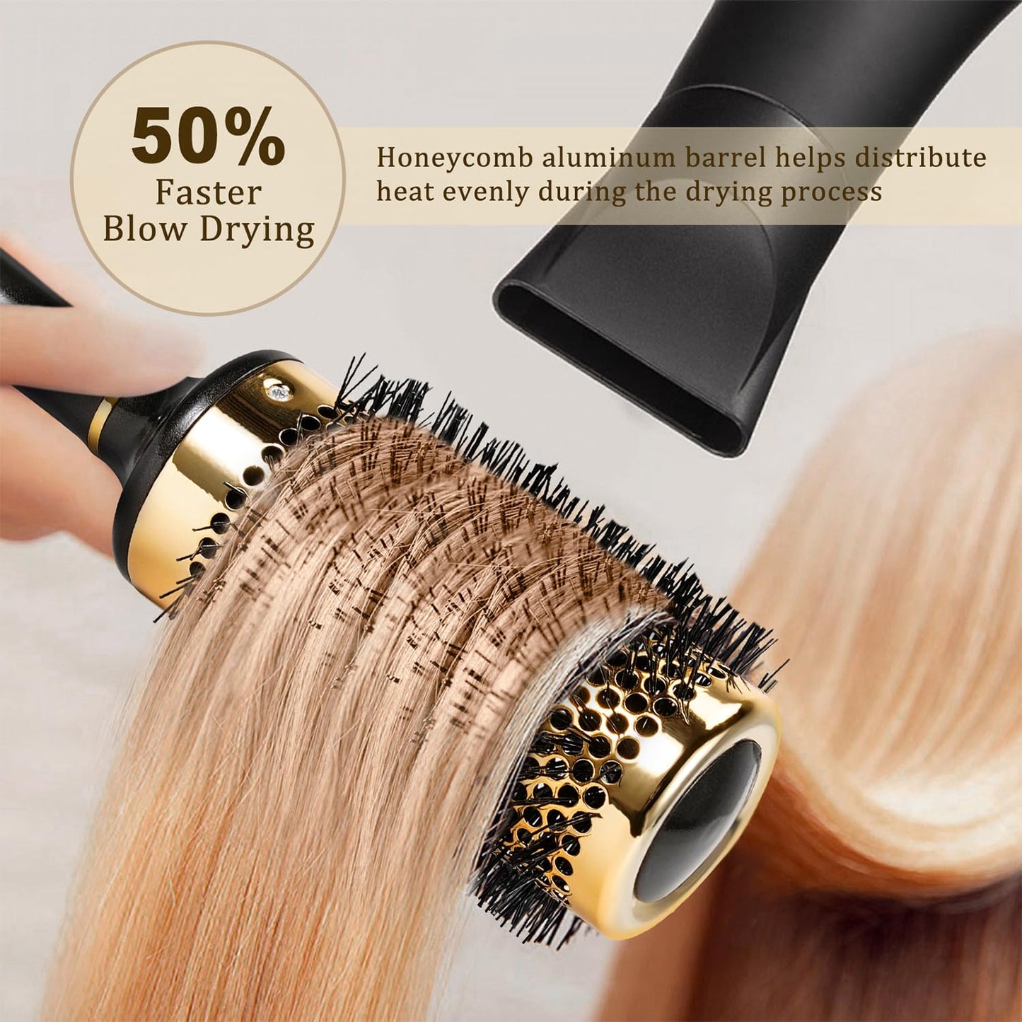 Large Round Brush for Blow Drying, Aluminum Round Hair Brushes for Women, Roller Brush for Blow Drying and Styling, Gold, For Curly and Straight-2 Inch Barrel, 2.95 Inch with Bristles