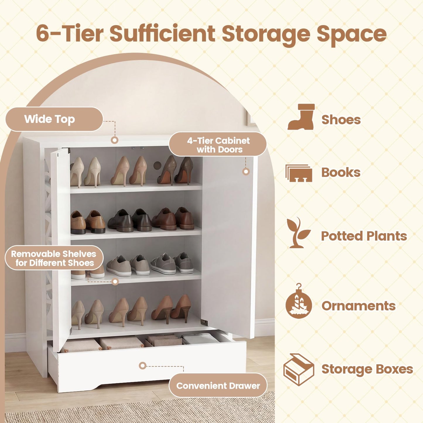 Giantex Shoe Cabinet with Drawer, 6-Tier Shoe Organizer Cabinet with Mirrored Doors, Removable Shelves & Floral Patterns, Shoe Storage Cabinet for Entryway, Hallway, Foyer, Living Room, White