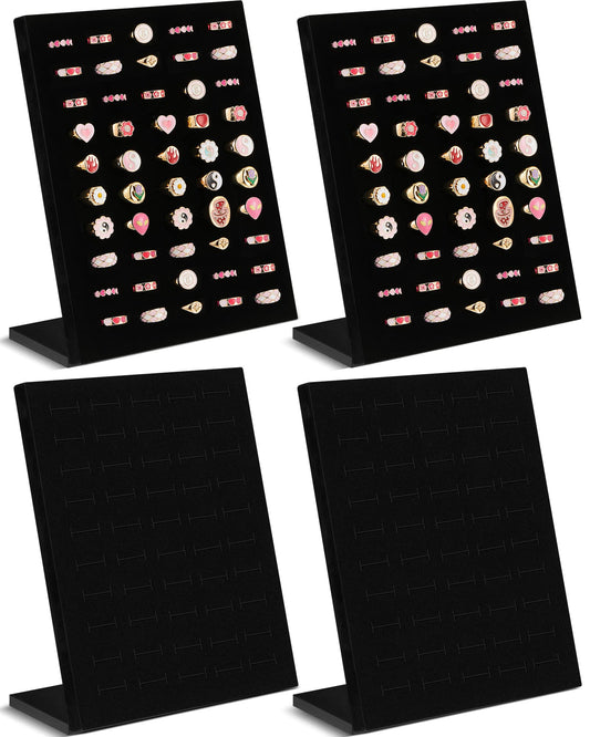 Henoyso 4 Pcs Velvet Ring Display 50 Slots L-Shaped Ring Display Stand Tray Holder for Selling Earring Jewelry(Black)