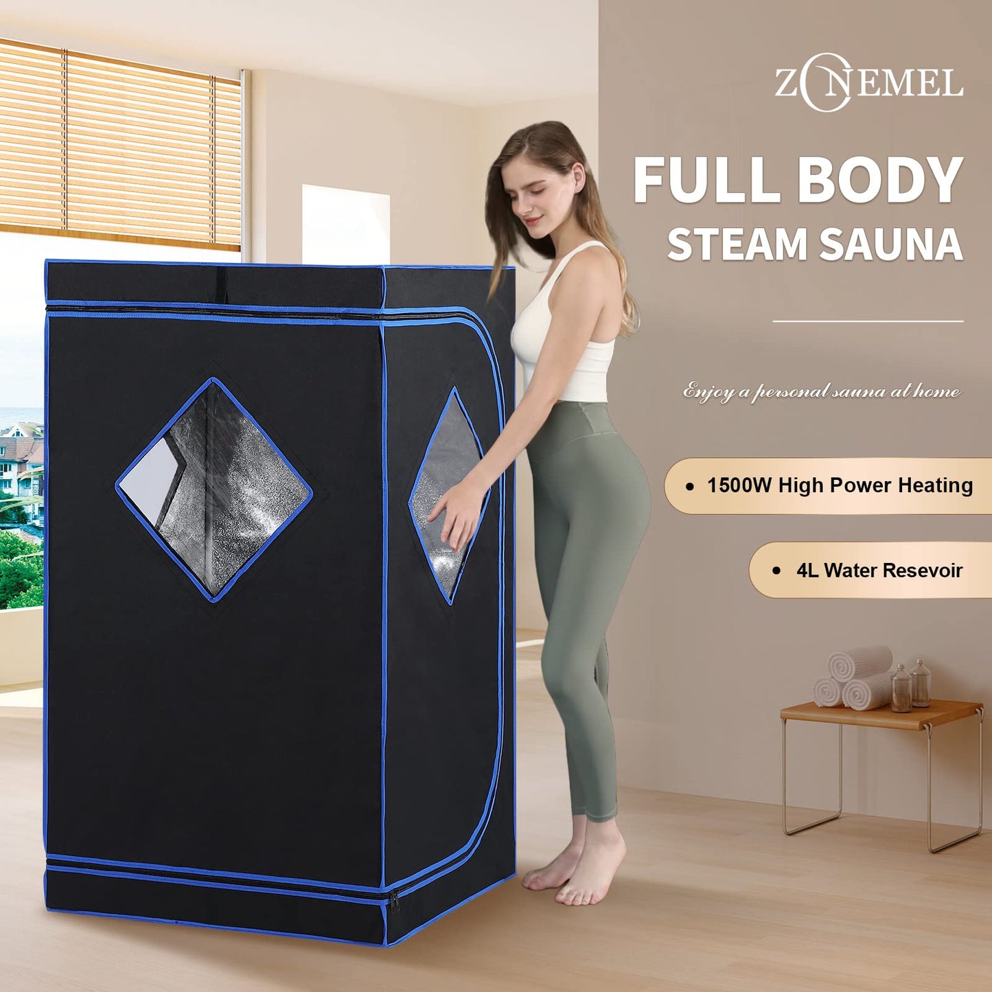 ZONEMEL Full Size Portable Steam Sauna Kit, Personal Full Body Home Spa for Detox, Relaxation, 4 Liters 1500 Watt Steamer, Remote Control, Timer, Foldable Chair (L31.5 x W31.5 x H55.1, 3 Windows)