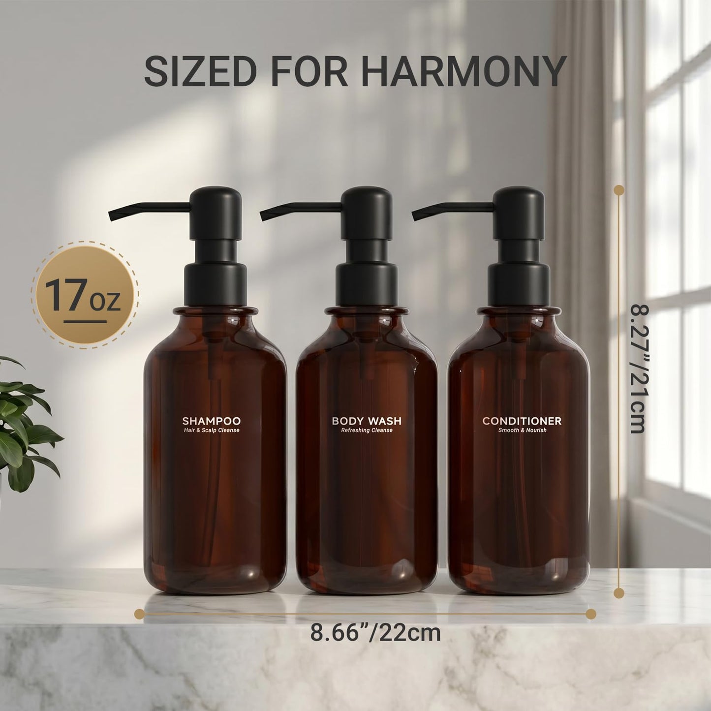 Shampoo and Conditioner Dispenser Set of 3, 17oz Refillable Body Wash Bottles, Shower Soap Dispenser for Bathroom Organization, Rust-Proof Stainless Steel Pumps, 17 Labels, Amber+Black
