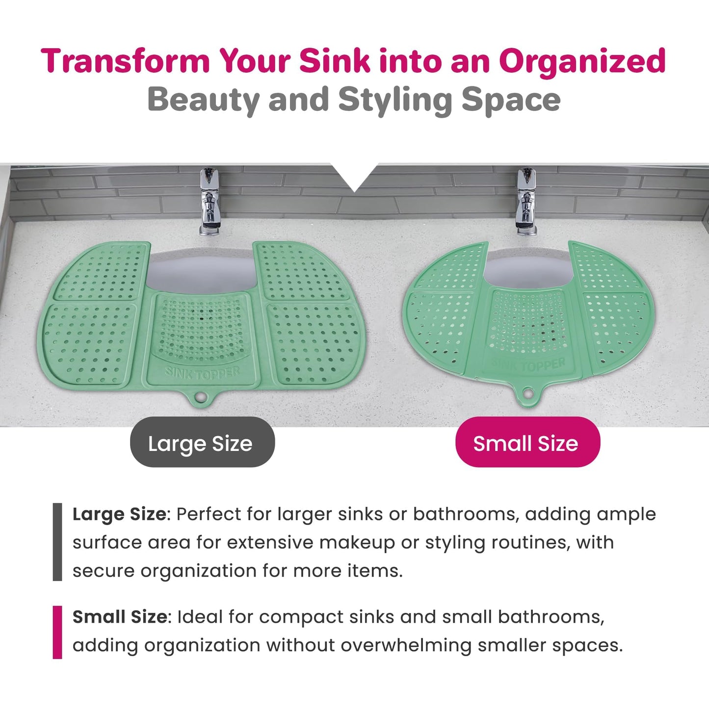 Sink Topper Bathroom Counter Cover & Storage Saver, Foldable Silicone Mat for Hot Tools, Hair Styling & Makeup, Beauty Brush Cleaning Mat, RV Camper Sink Cover & for Small Spaces (Large Green)