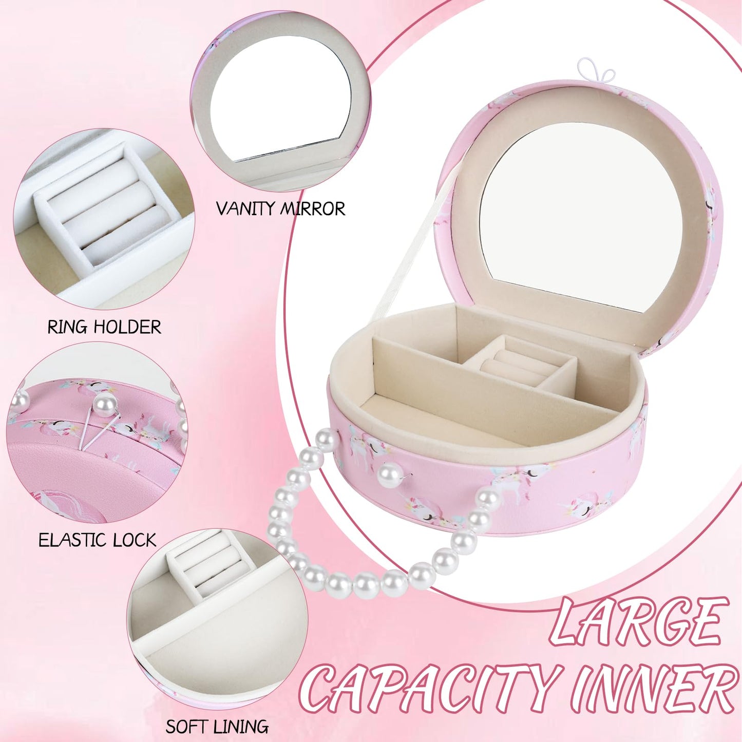 velachuan Princess Jewelry Box for Girls with Hair Accessories,Girls Hair Clips Bows Set, Fashion Hair Styling Kit with Mirror,Pink Sparkle Trinket Box Includes Hair Clips (Flower)