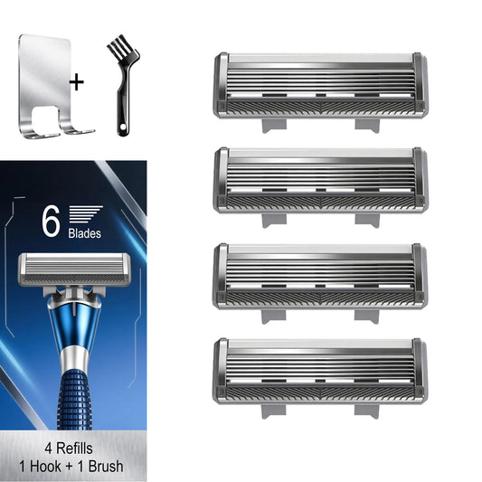FYNEDGE 6-Blade Razor Refill Cartridges 4 Count, Professional Razor Blades for Men with Lubricating Strip, Wall Hook & Cleaning Brush Included for Smooth Shaving with Matching Handle