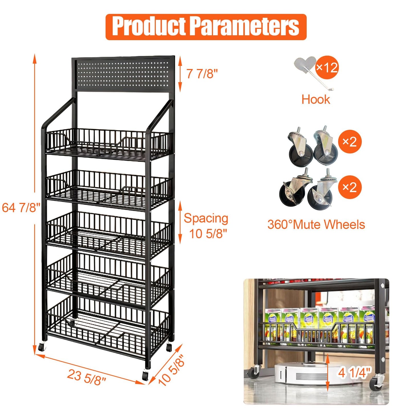 Fivaz 5 Tier Supermaket Snack Rack Display Stand, Free-Standing Black Retail Display Shelves with 12 Hooks & 4 Wheels, Large Metal Snack Shelf for Store Business
