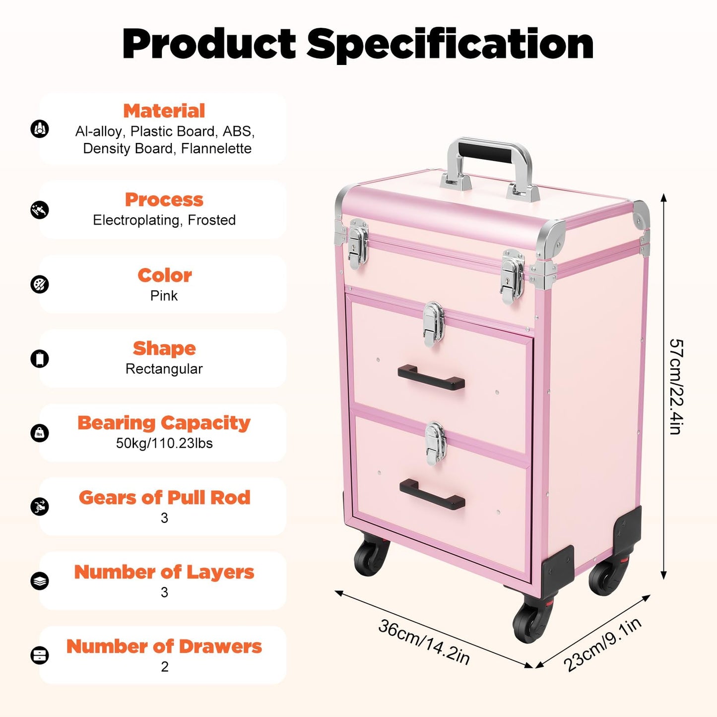 BGSHKAL Rolling Makeup Case with Drawer, Large Cosmetic Trolley with Lock 3 in 1 Rolling Makeup Train Case Cosmetology Trolley 3 Stage Telescopic Handle 4 Silent Swivel Castors 110.23 Lbs Capacity