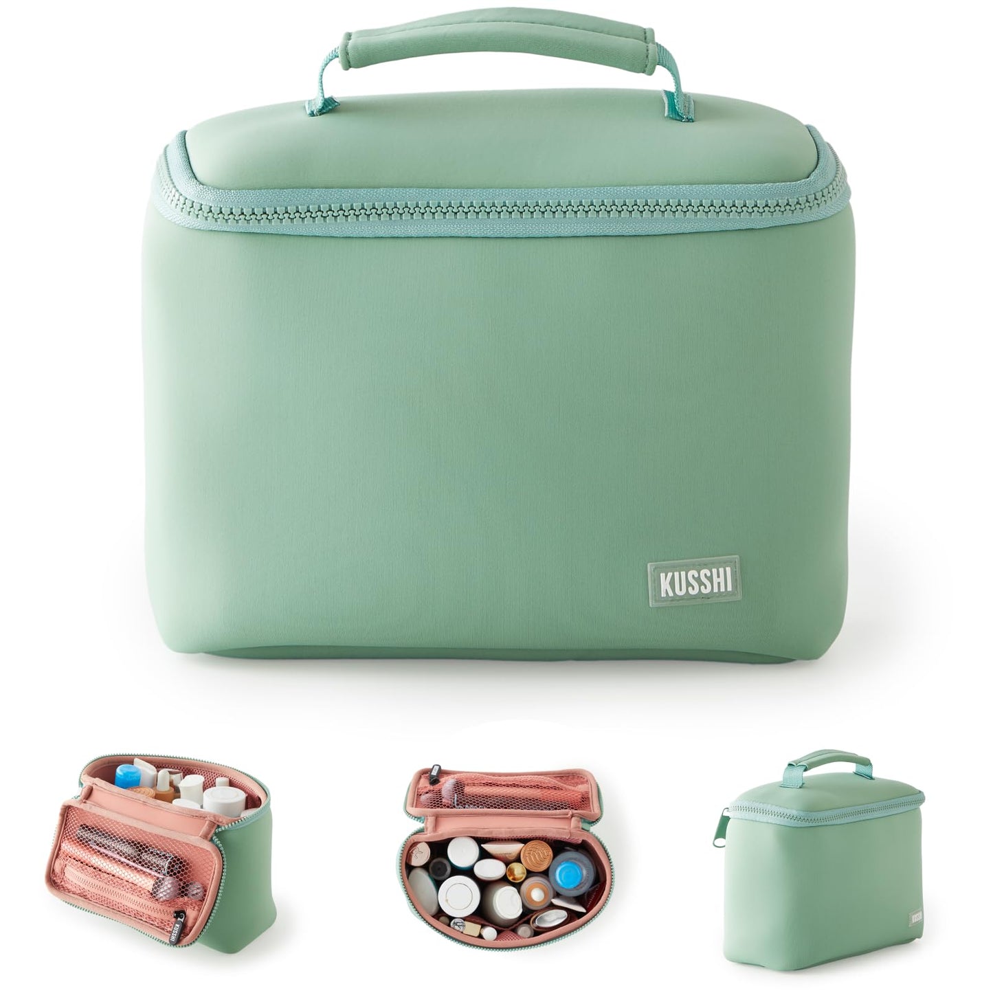 KUSSHI Neoprene Train Case Makeup Bag - Washable Makeup Travel Bag & Vanity Case for Stress Free Travel (Small, Sage/Coral Rose)