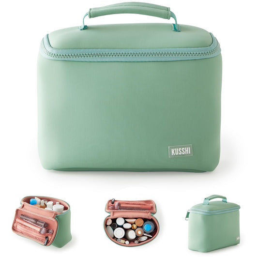 KUSSHI Neoprene Train Case Makeup Bag - Washable Makeup Travel Bag & Vanity Case for Stress Free Travel (Small, Sage/Coral Rose)