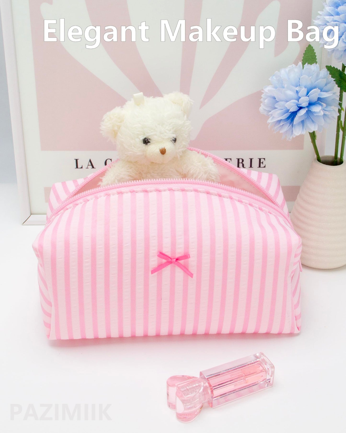PAZIMIIK 6PCS Cozy Makeup Bag Small Aesthetic Travel Zipper Cosmetic Pouch for Women Make Up Beauty Accessories Brushes, Stripe Cute Pink