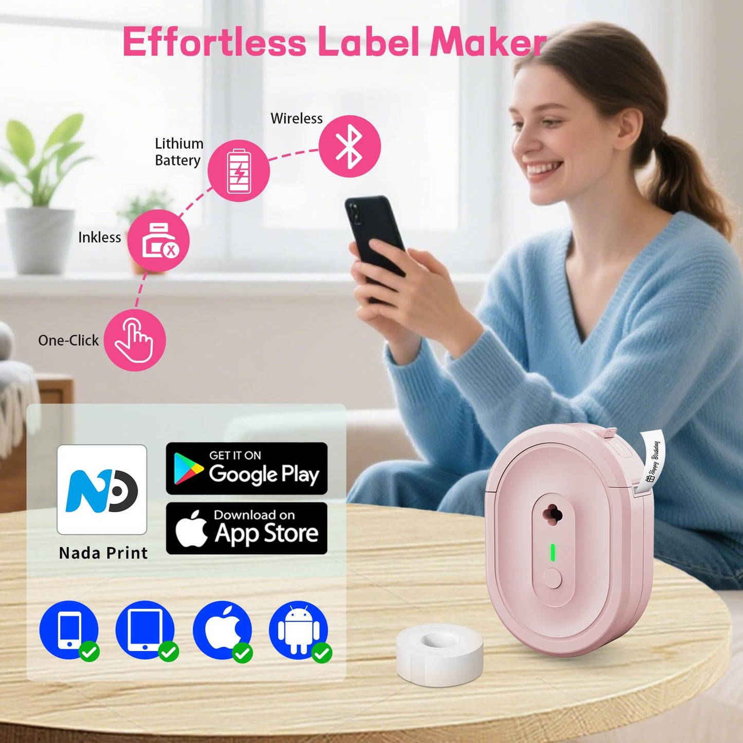 HKHKPI Label Maker Machine with Tape, Small Portable Bluetooth Label Printer, Handheld Mini Labeler for Home, Kitchen, Office, Waterproof Label Makers for Labeling, Gift, Kids School Items, Pink