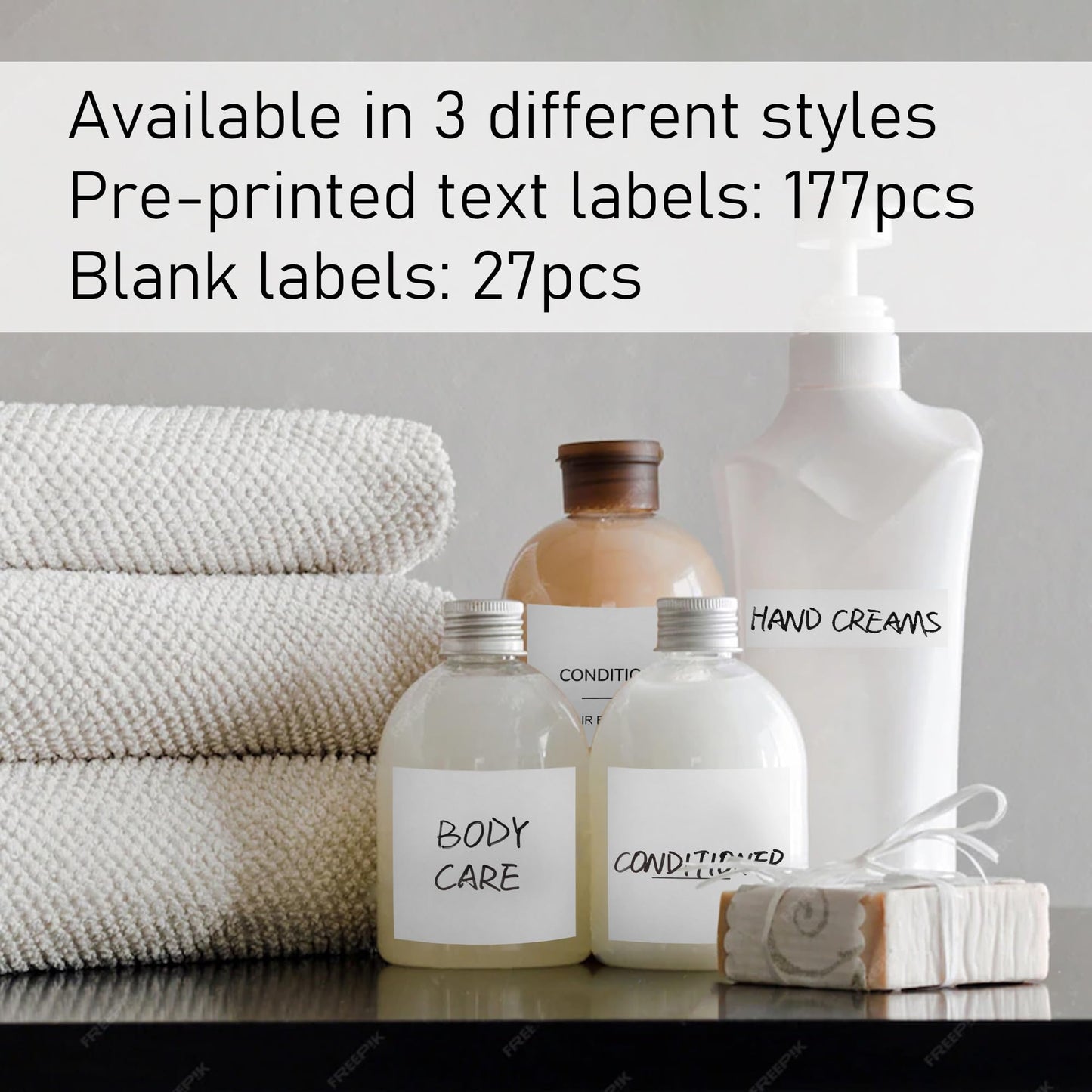Fssqii 189 Preprinted Bathroom Labels, Waterproof Organizational Labels Stickers for Shampoo Hand Soap Makeup Bottles Storage Containers, Home/Hotel Black Script Clear Labels Set