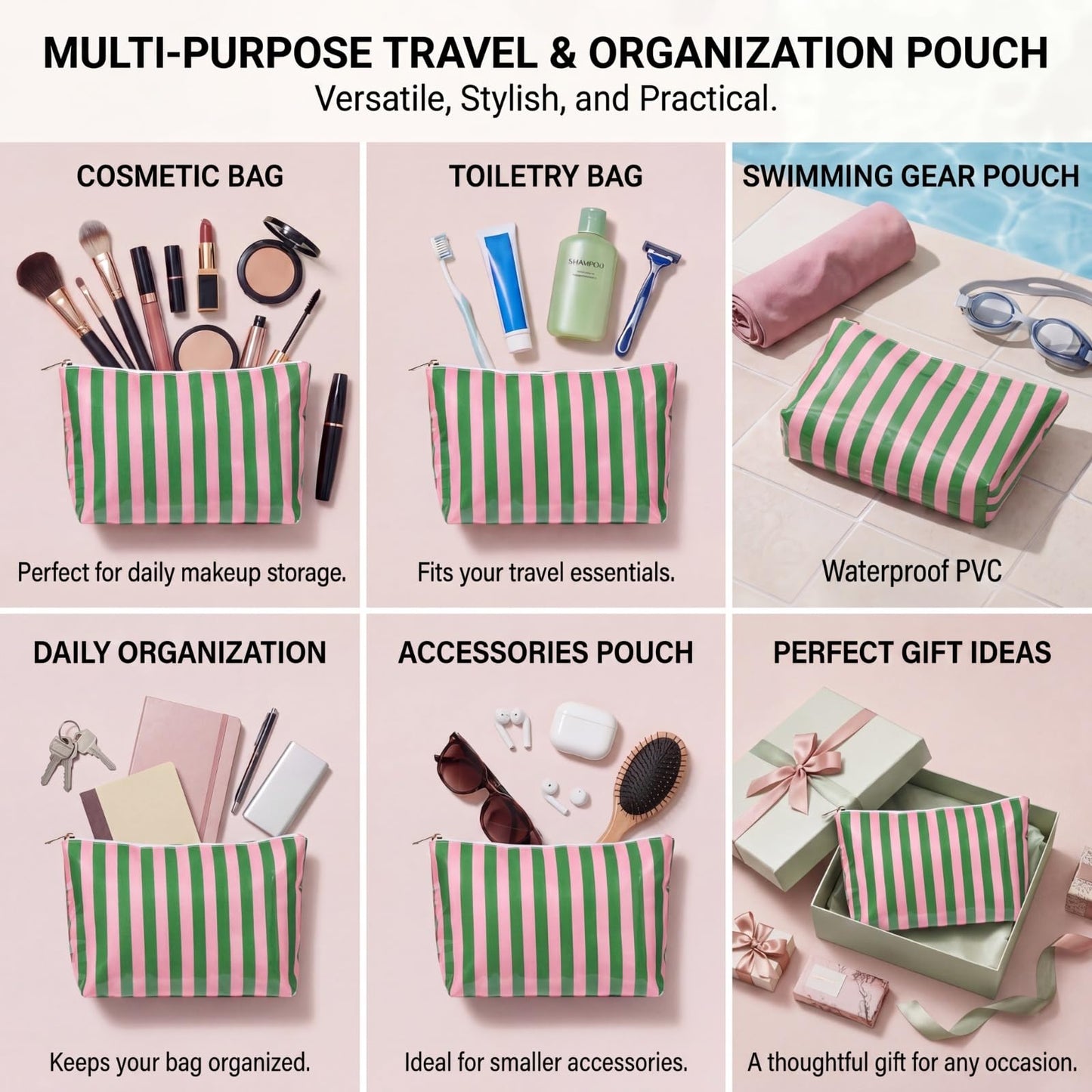 Lestikave Large PVC Waterproof Striped Makeup Bag,Clear Coated Cosmetic Bags,Easy to Clean,Travel Organizer Zipper Pouch Beach Vacation Essentials for Women Girls(09Pink Green)