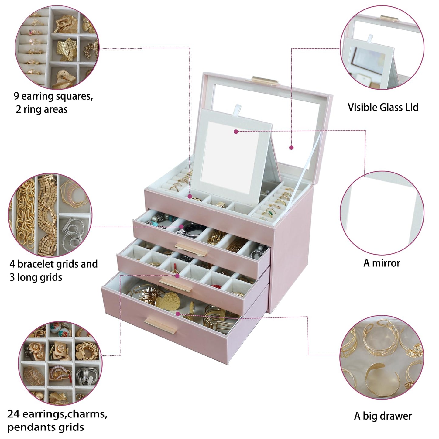 BOOVO Jewelry Boxes for Women, White and Black 6 Layer Large Jewelry Box for Necklace, Bracelet, Earrings, Rings Storage, Jewelry holder Organizer for Girls Gift (Rose gold, 4 layer)