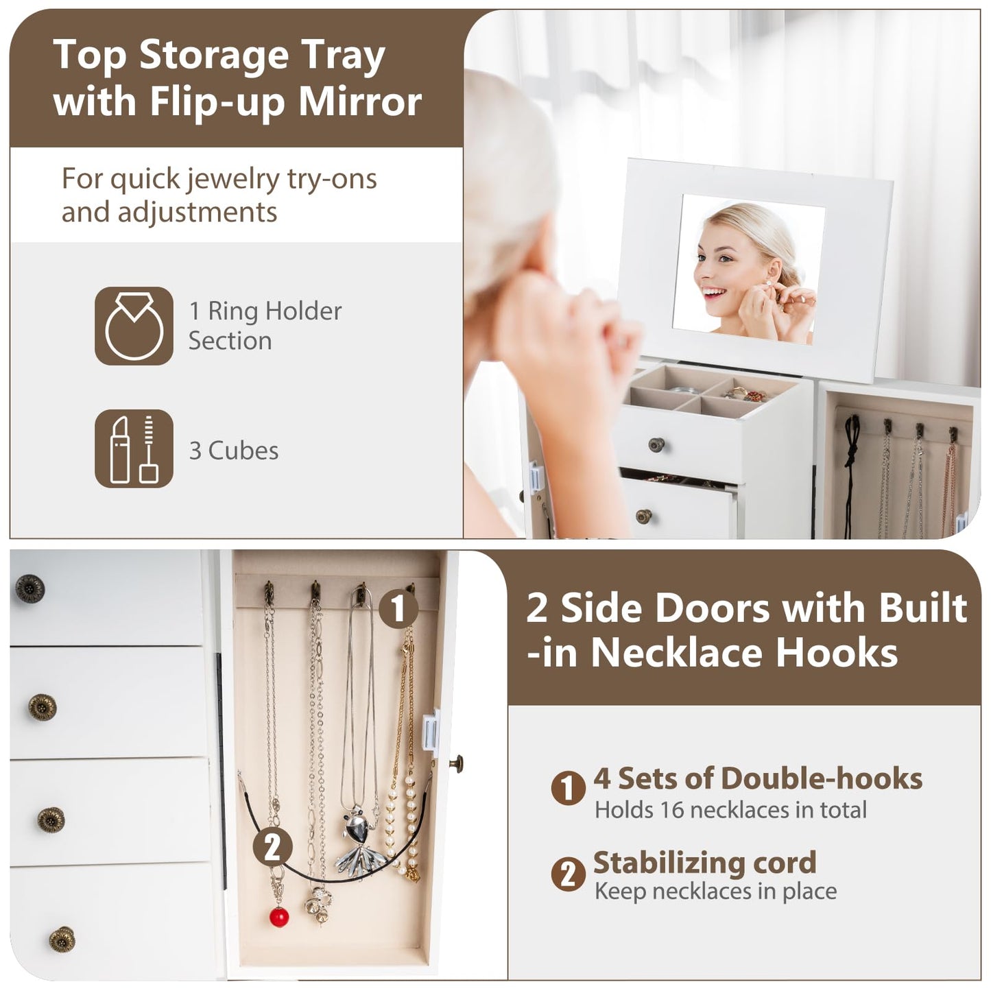 Giantex Standing Jewelry Armoire Cabinet with 4 Drawers, Flip Top Mirror, Top Storage Compartments, 2 Side Doors with 8 Necklace Hooks, Freestanding Jewelry Organizer Box Chest (White)