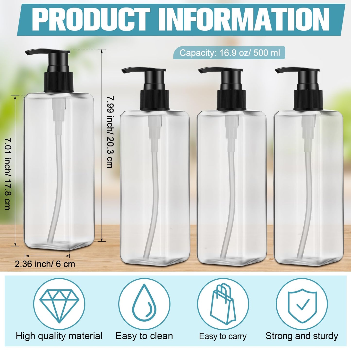 Didaey 8 Pcs Empty Shampoo Bottles with Pump 16 Oz Plastic Soap Dispenser Refillable Body Wash Bottles for Bathroom, Kitchen Sink, Hotel, Salon(Transparent, Black)