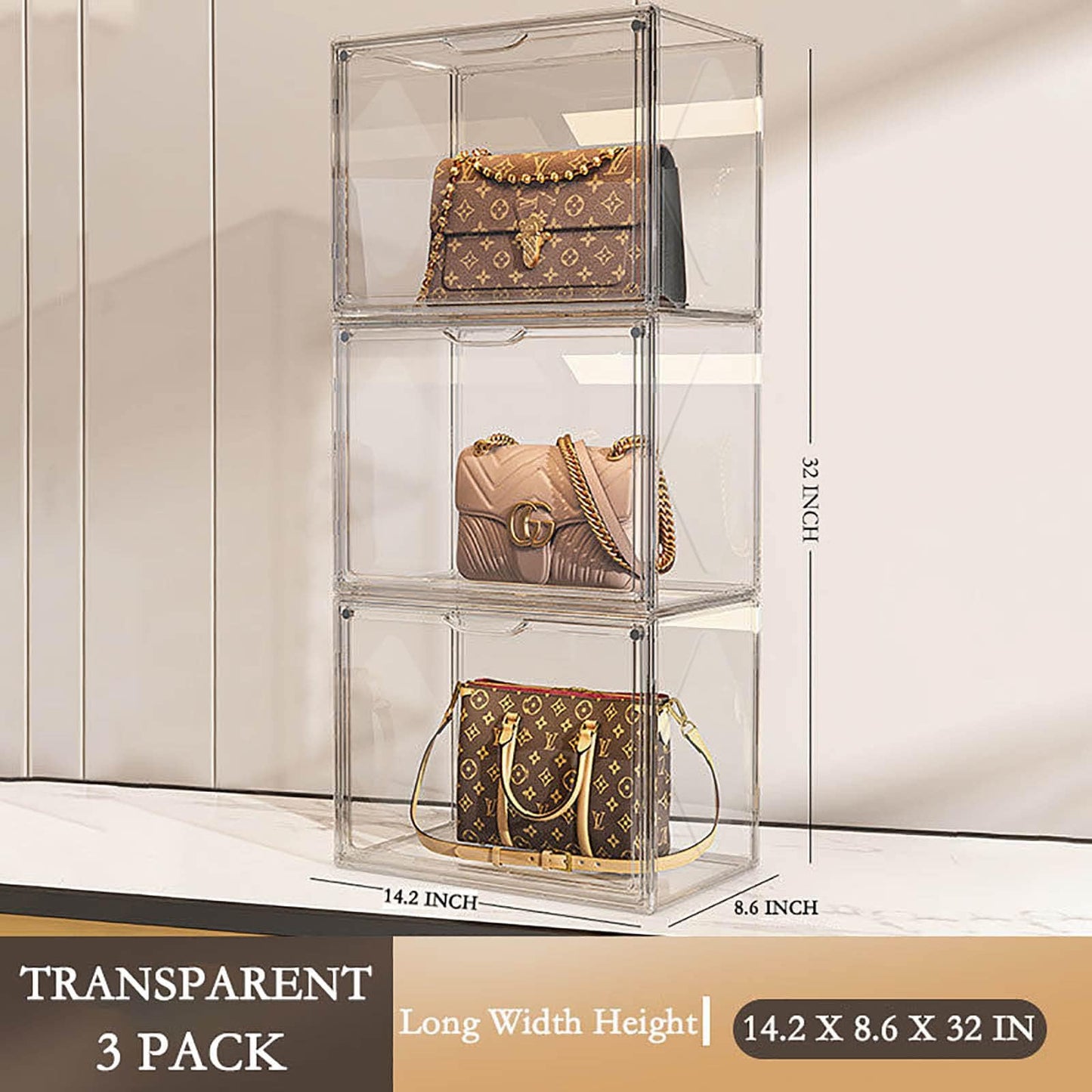 WMM Purse Storage Organizer for Closet, 3 Packs Plastic Acrylic Clear Handbag Purse Shoes Book Figure Toy Display Case, Storage Bins for Cosmetic, Stackable Magnetic Drop Front Storage Organizer