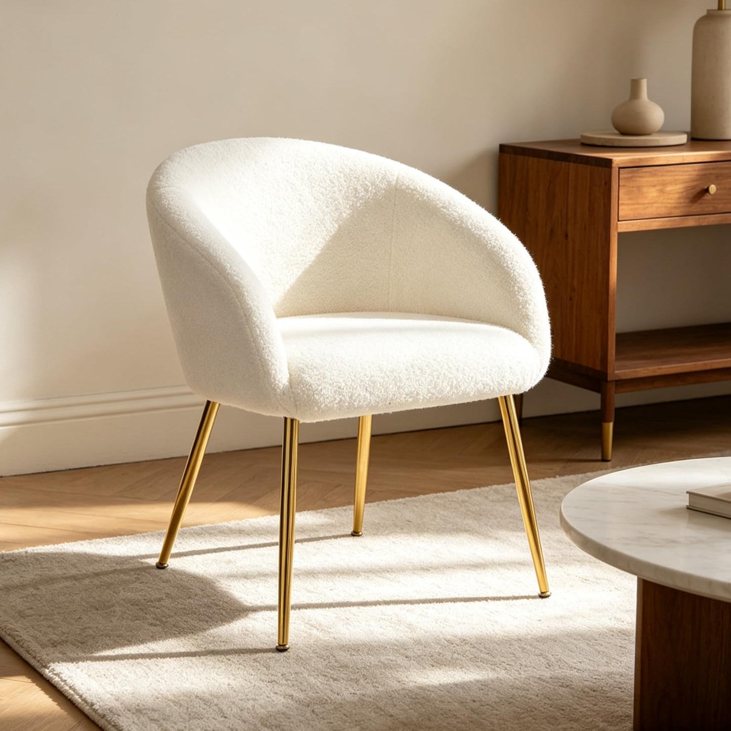 YDcosyfy Modern Small Accent Chair, Comfy Sherpa Makeup Vanity Chair with Golden Metal Legs, Decorative Chair no Wheels for Living Room, Dressing Room, Bedroom, White