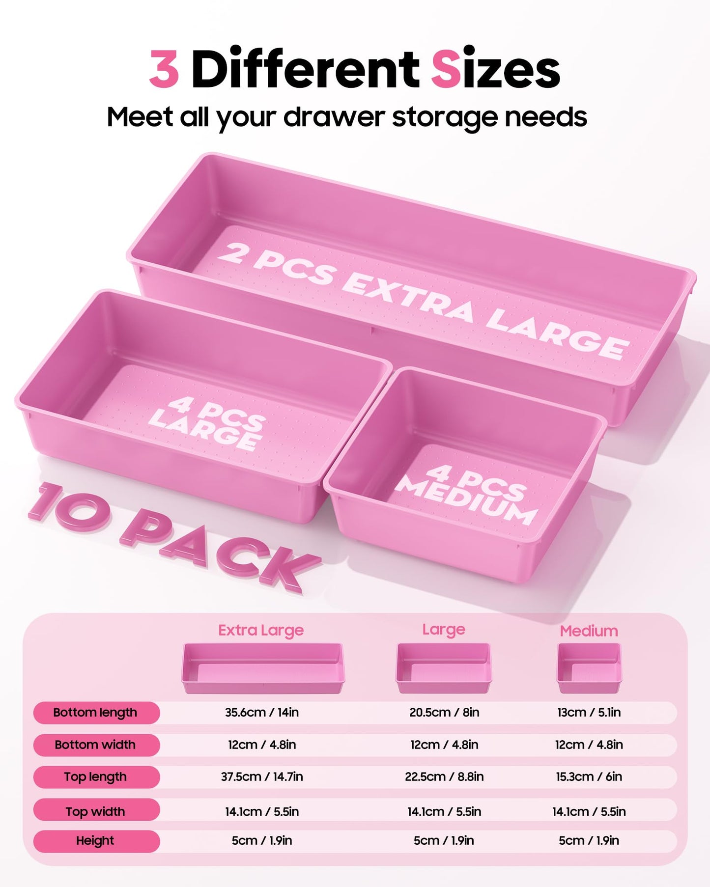 MLIKLU 10 Pack Large Size Plastic Drawer Organizers Set, 3 Sizes Desk Drawer Organizer Trays, Storage Bins for Vanity, Makeup, Bathroom, Kitchen Utensils and Office (Pink)