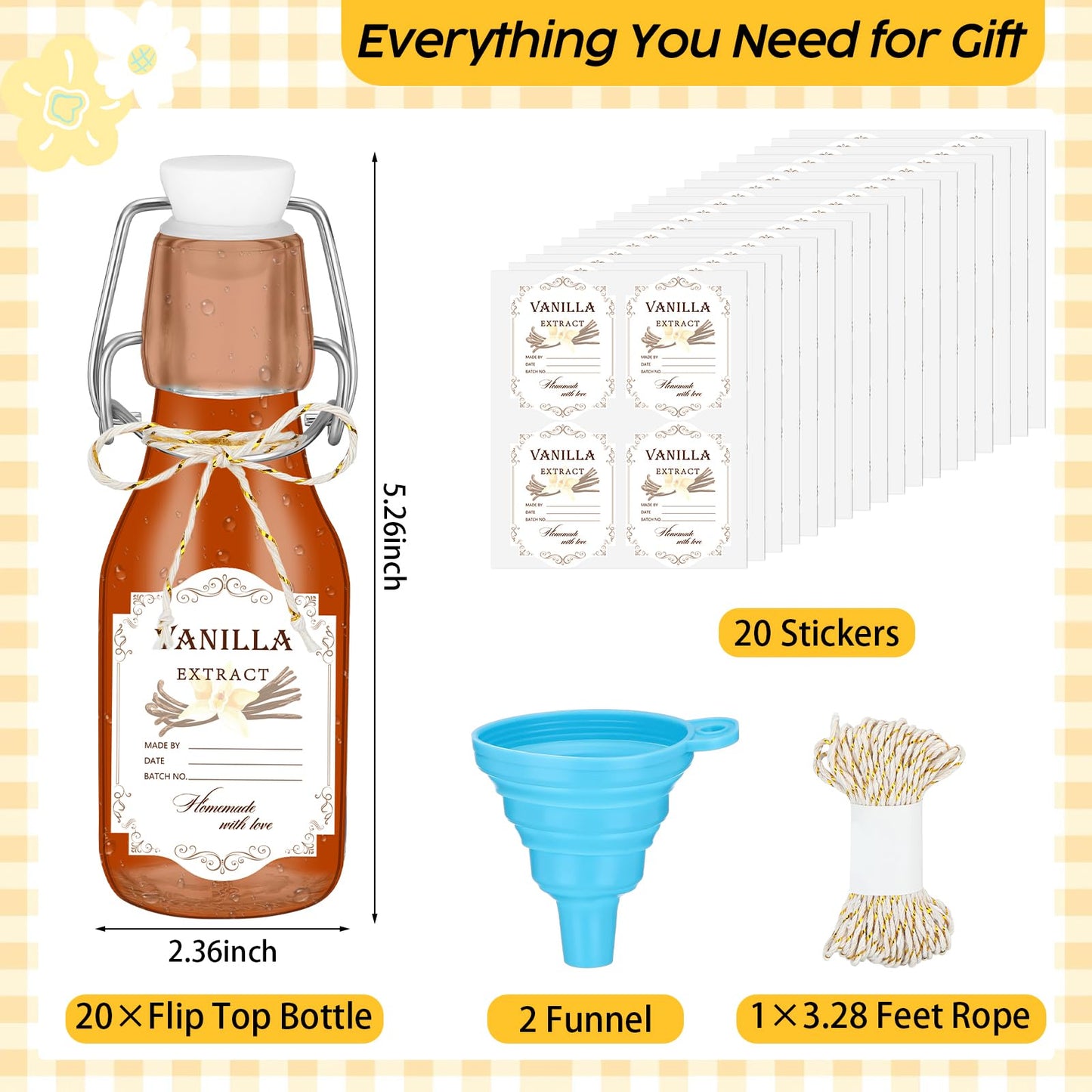 Queekay 20 Pack Mini Swing Top Glass Bottles for Vanilla Extract Homemade Olive Oil Bottles with Lids Airtight Cap Lids Labels for Wedding Baby Shower Favors(Clear,4oz)
