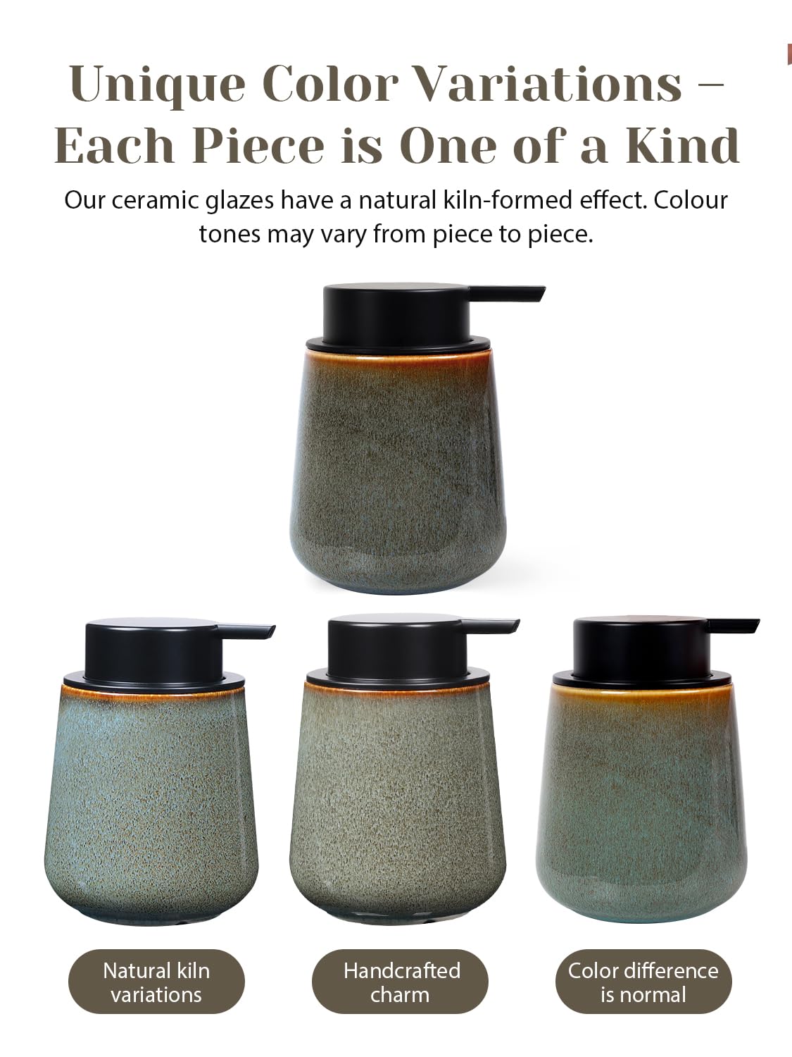 INGOFIN Ceramic Lotion Dispenser - 12 oz Refillable Hand Soap Dispenser Bathroom, Modern Liquid Dispenser with Pump, Dish Soap Dispenser for Kitchen,Kiln-Glazed Green
