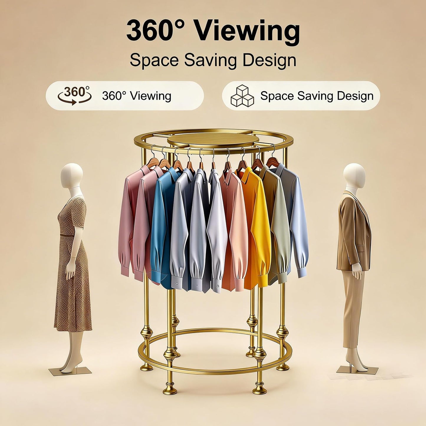 KUCKGO Round Garment Rack for Retail Display - Heavy Duty Metal Clothing Rack, Freestanding Clothes Hanging Rack for Boutique, Closet Storage for Dresses, Shirts & Coats, Gold