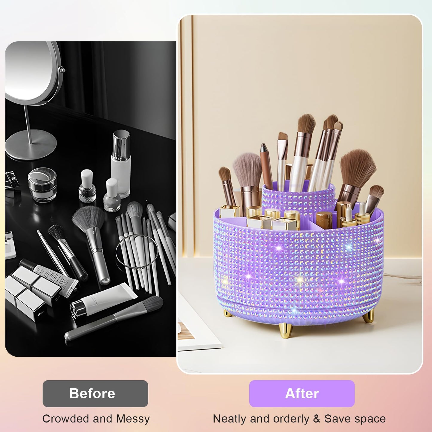 Diesisa Bling Diamond 360° Makeup Brush Holder Organizer, Rotating Makeup Brush Organizer,5 Slot Make up Brushes Cup for Cosmetics, Vanity Desktop Organizer, Gift for Women Teen Girls- Diamond Purple