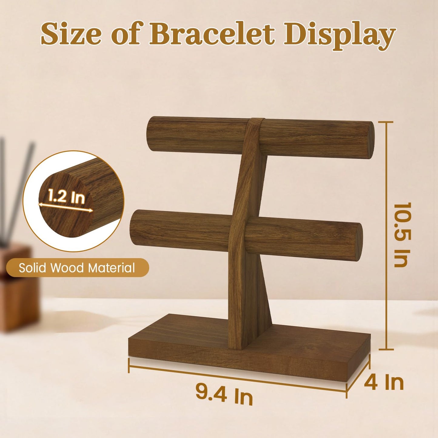 MODOWEY Bracelet Holder Organizer Display Stand, 2 Tier Wooden T Bar Bangle Rack for Dresser, Small Jewelry Hanger with Rod for Vendor Selling, Desktop Vertical Jewellery Tree for Home Business, Brown