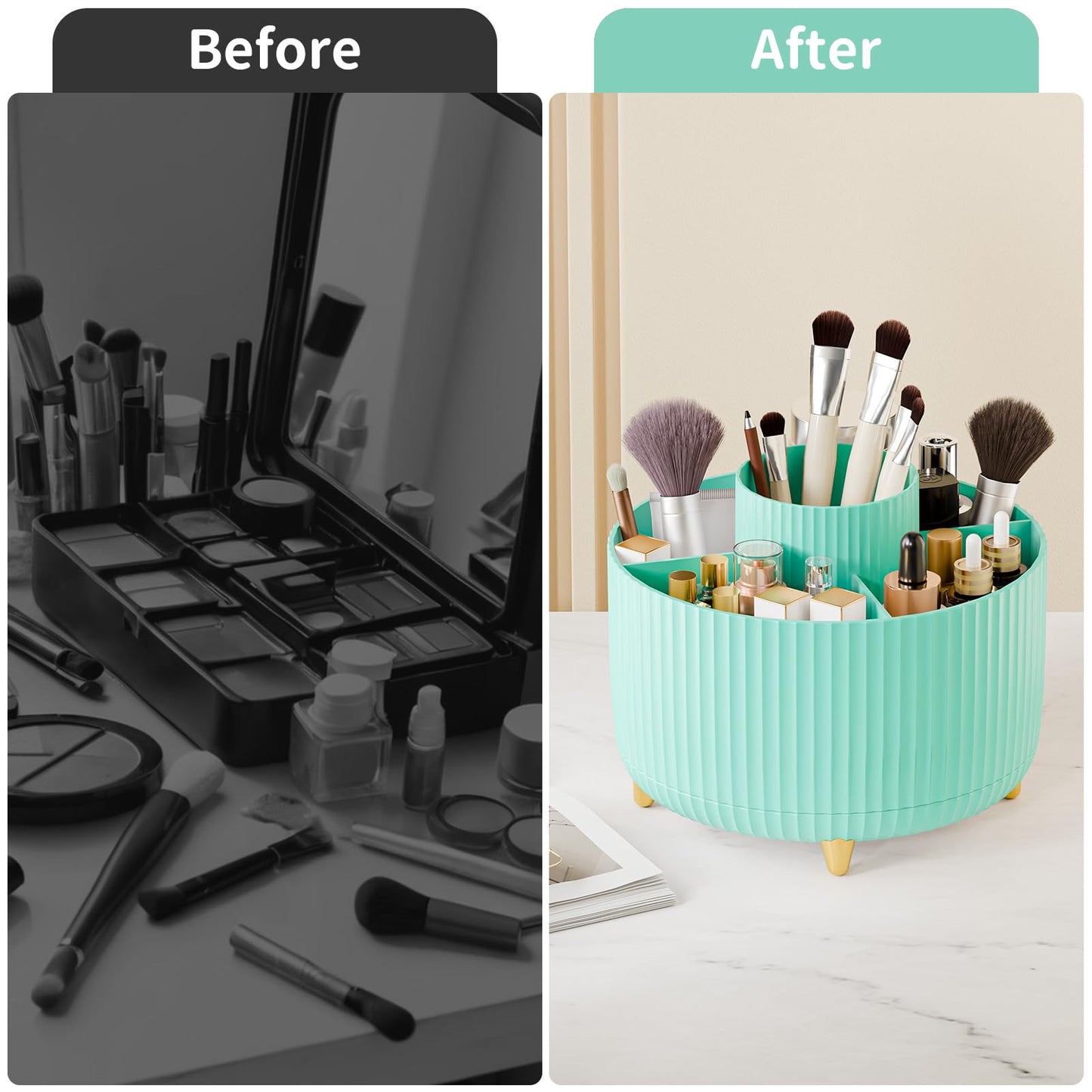 fanado 360° Rotate Makeup Brush Holder Organizer, Makeup Organizers Countertop, Makeup organization and Skincare Storage for Vanity, Desktop, Bathroom (Mint Green)