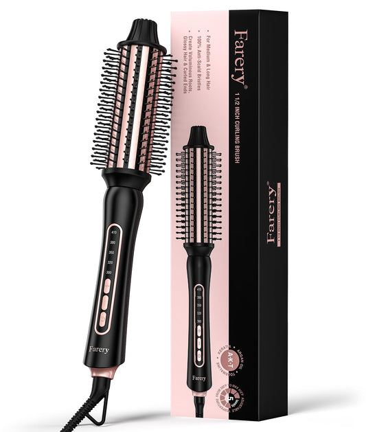 Farery Thermal Brush 5 Adjustable Temps, 1.5 Inch Hot Curling Brush for Big Bouncy Curls, Non-Blowing Heated Round Brush, Ceramic Curling Wand for Medium & Long Hair, Dual Voltage for Travel