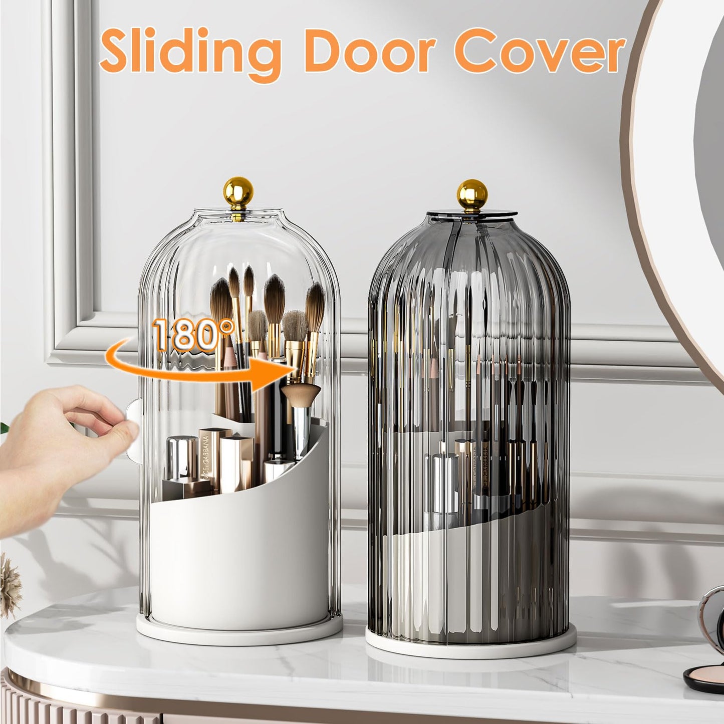 YOOLENS Makeup Brush Holder with Lid 360 Rotating Clear Dustproof Make Up Organizers for Vanity Bathroom Countertop, Transparent