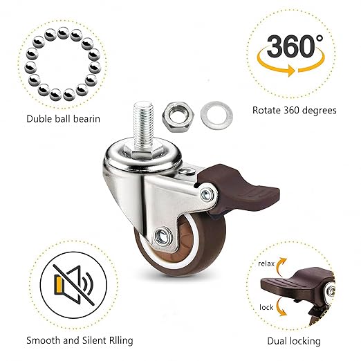 1" M6x15 Stem Casters Bolt Threaded Wheels,TPR Mute Rubber Swivel Single Caster Screws in Wheel Small with 2 Brake Locks-Brown