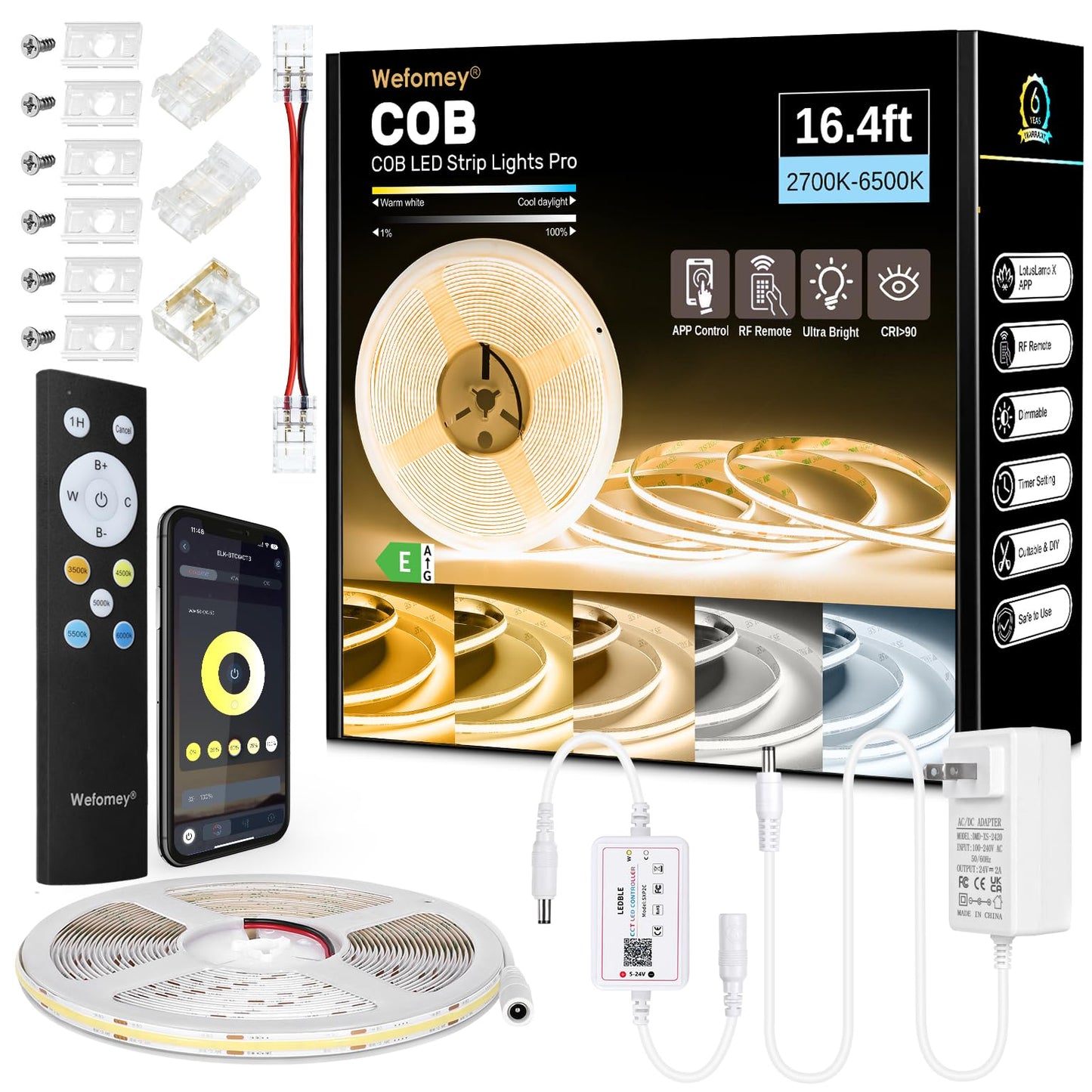 Wefomey COB LED Strip Light White, 16.5ft Dimmable 2700K-6500K High Density 3100LEDs 24V Flexible LED Tape Light with Remote and APP Control, for Under Cabinet Bedroom Kitchen DIY Lighting