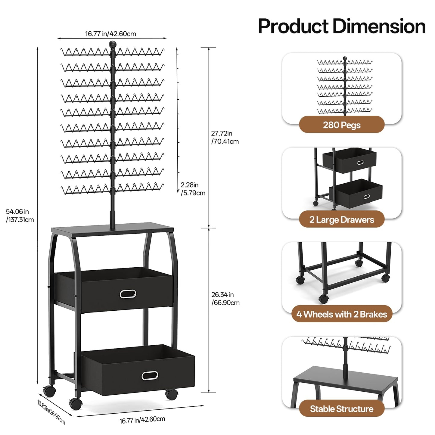 XINTUO Portable Braiding Hair Rack with Wheels & Storage Drawers,280 Pegs Hair Extension Holder Hanger for Braiding Hair Separator Stand Display,Hair Rack with Stylist Hair braiding Tools(Black)