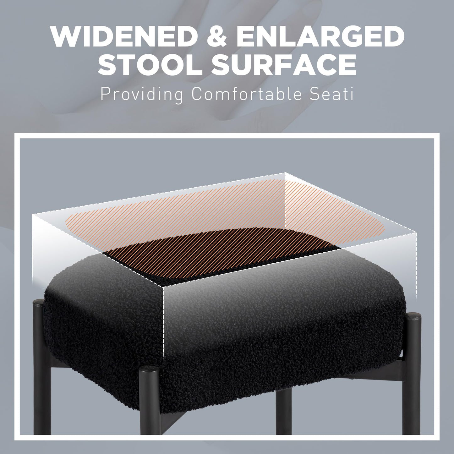 MOOWIND Vanity Stool Chair Faux Fur, 16.3"L x 12.8"W x 17.3"H Soft Ottoman, Makeup Chair Bench Furry Padded Seat with 4 Metal Legs, Footstool Multifunctional Chairs for Bedroom, Living Room, Black