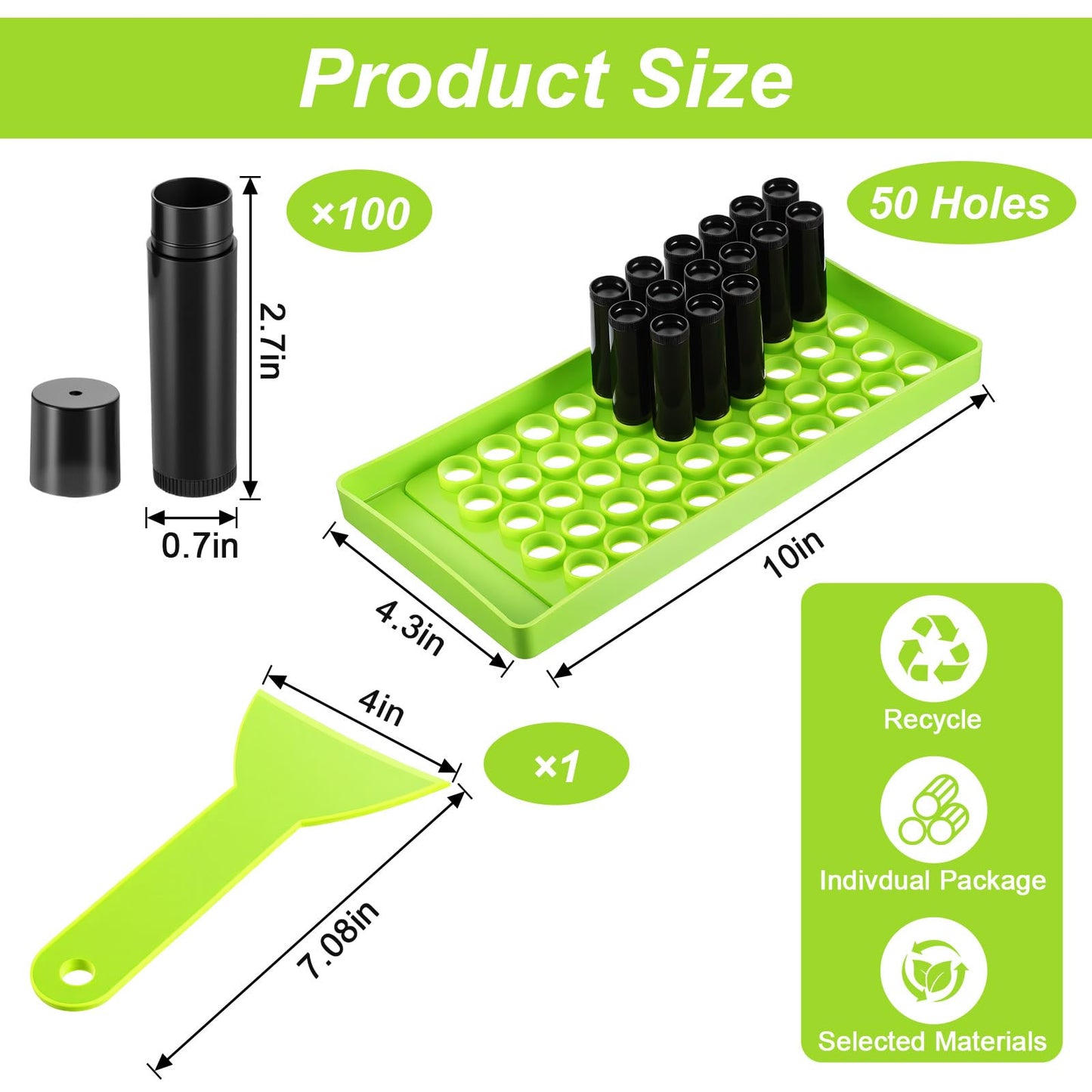 Kenaeooe 100 Pack 5ml Black and Green Lip Balm Containers with Filling Tray and Spatula Empty Chapstick Tubes Diy Kit for Homemade Lip Balm and Lipstick