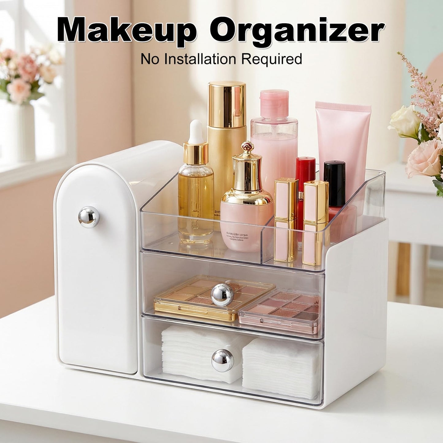 Makeup Organizer with Makeup Brush Holder, Vanity Organizer Large Cosmetic Display Cases, Skincare Organizers and Bathroom Countertop Organizer, Gifts for Women (White)