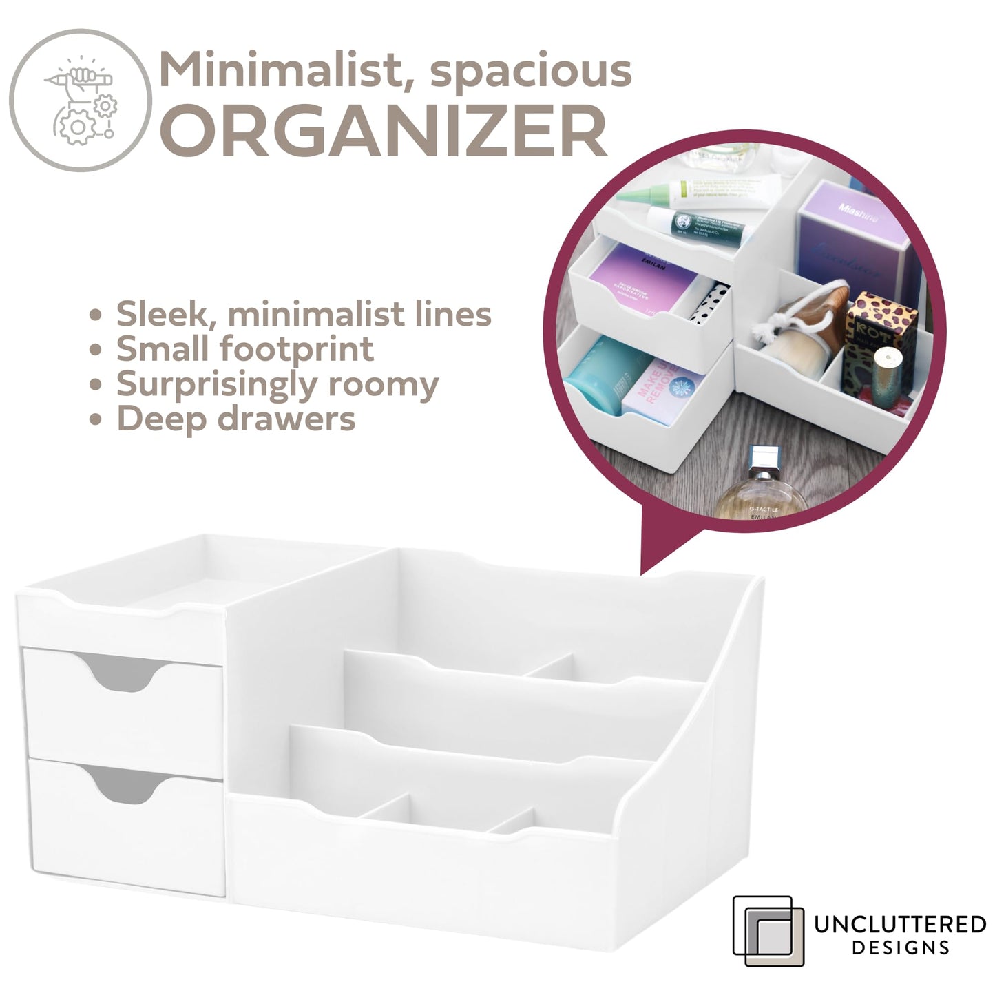 Uncluttered Designs Large Makeup Organizer for Vanity - Countertop Desk With Drawers for Cosmetic, Beauty, Hair, Nail, Perfume & Skincare - Perfect for Bathroom & Bedroom Storage (White)