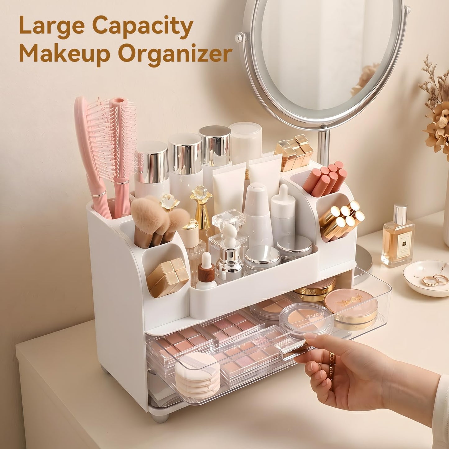 Brothersbox Makeup Organizer for Vanity with 2 Large Drawers and 6 Brush Holders, Large Bathroom Countertop Cosmetic Storage for Skincare, Lipstick, Nail Polish, Perfume, Gift for Women, White