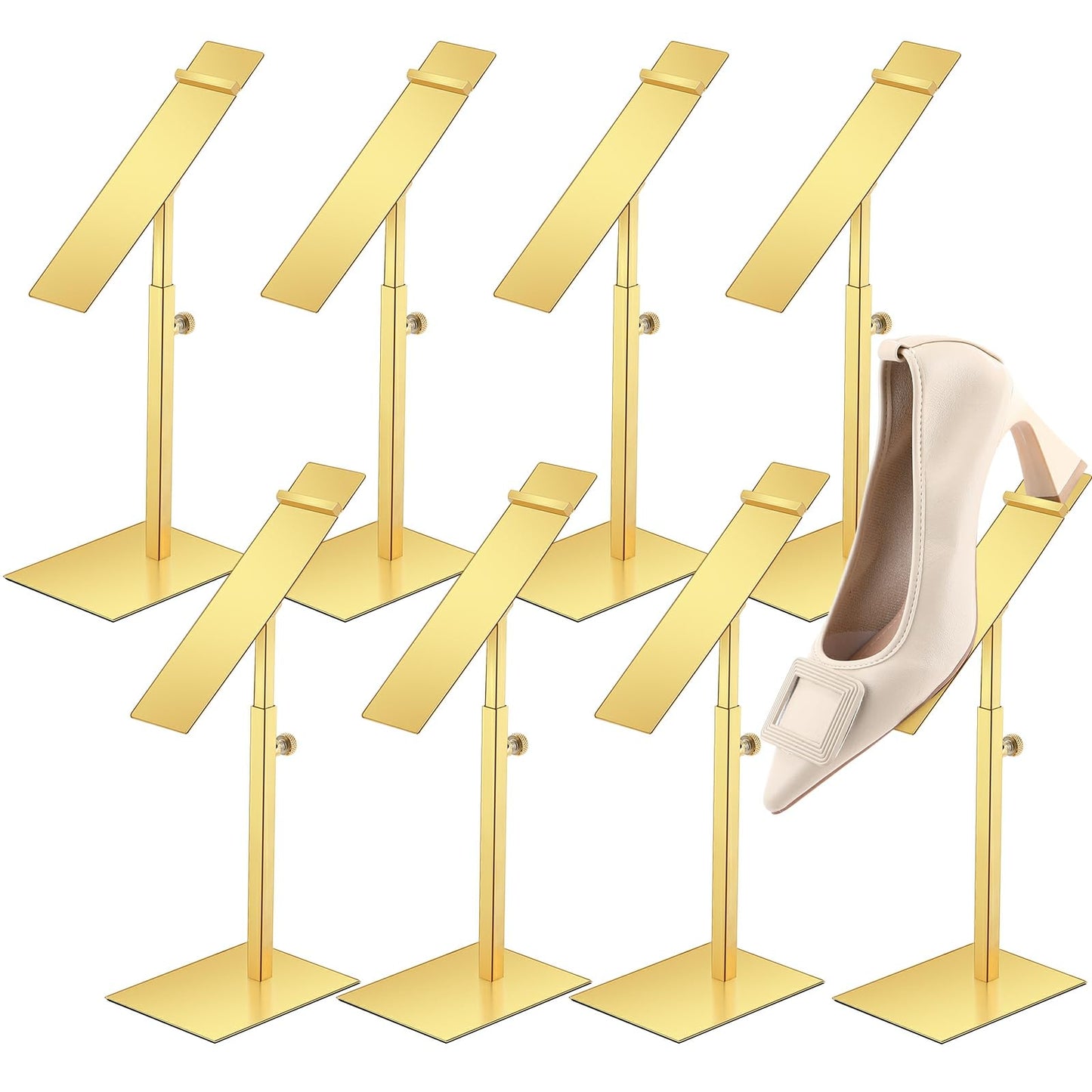 Therwen 8 Pcs Gold Shoe Display Stand Shoe Rack Stainless Steel Golden Metal Riser High Heel Display Rack Holder for Home Shopping Malls (Square Shape,Golden)