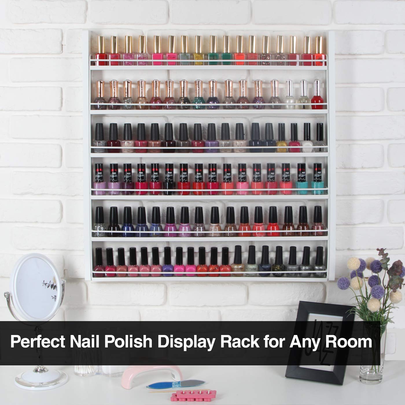 J JACKCUBE DESIGN White Wood Nail Polish Organizer with 6 Tier Shelves 100 Bottles Wall Mount Display Rack Makeup Essential Oil Bottles Holder Storage for Nail Salon Bedroom Dress Room - MK528C